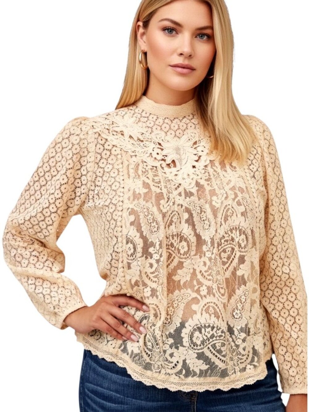 Romantic Torrid Size 3 Beige Mixed Lace High Neck Top Embroidered Neckline